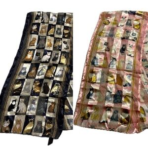Lot of 2 Cat Scarf Faux Silk Lightweight Novelty Blue Cream Pink Cat Lover